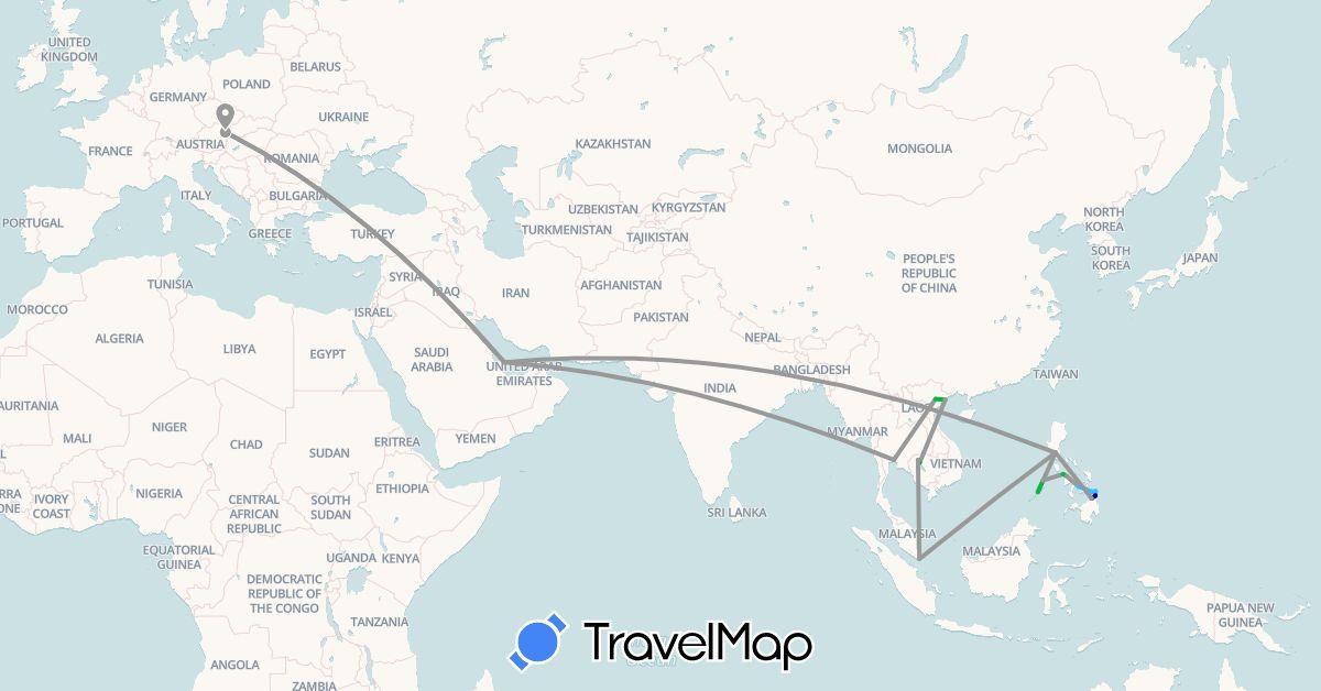 TravelMap itinerary: driving, bus, plane, boat in Austria, Cambodia, Philippines, Qatar, Singapore, Thailand, Vietnam (Asia, Europe)